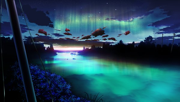 Anime picture 2100x1200 with original y-k highres wide image sky cloud (clouds) horizon no people landscape river flower (flowers) plant (plants) water star (stars)