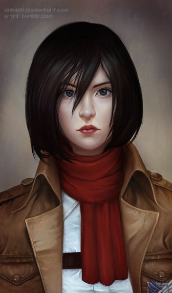 Anime picture 705x1200 with shingeki no kyojin production i.g mikasa ackerman anixien single tall image looking at viewer short hair black hair simple background signed lips black eyes realistic grey background lipstick portrait red lipstick girl uniform