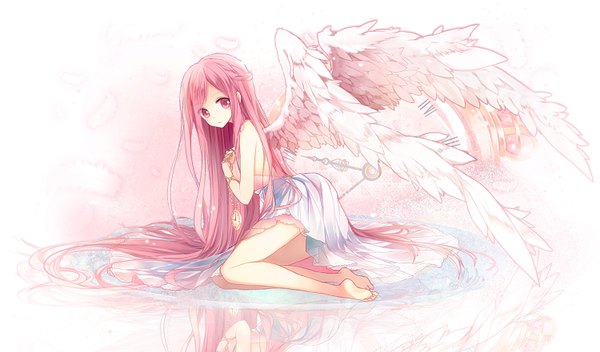 Anime picture 1500x882 with original t miyanagi single looking at viewer open mouth wide image white background pink hair bent knee (knees) very long hair pink eyes barefoot bare legs no shoes hand on chest reflection reclining angel wings arched back girl