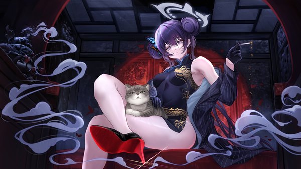 Anime picture 5299x2981 with blue archive kisaki (blue archive) 333 (pixiv8601259) single looking at viewer fringe highres short hair breasts blue eyes light erotic black hair hair between eyes wide image sitting holding payot absurdres indoors traditional clothes
