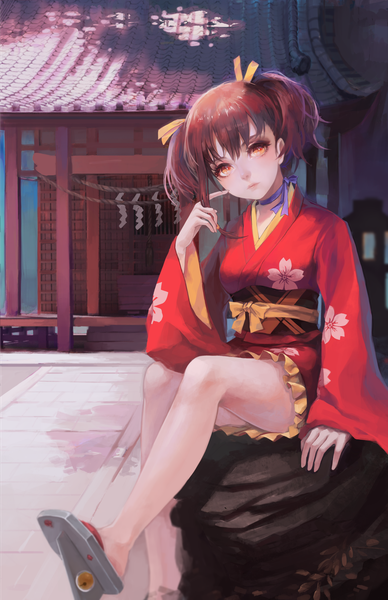 Anime picture 1584x2448 with koutetsujou no kabaneri wit studio mumei (kabaneri) fuwaffy tetsu (aurvandil) single tall image looking at viewer short hair brown hair sitting twintails brown eyes traditional clothes japanese clothes bare legs floral print short twintails architecture east asian architecture