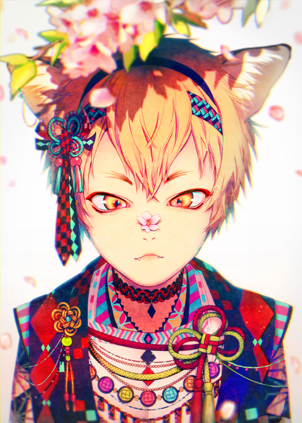 Anime picture 859x1200 with original akiakane single tall image fringe simple background white background animal ears yellow eyes looking away upper body traditional clothes japanese clothes lips cat ears shadow fang (fangs) cherry blossoms eyebrows checkered