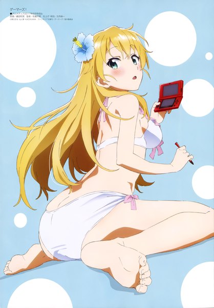 Anime picture 2847x4082 with gamers! nintendo megami magazine pine jam tendou karen shimada kazuaki single long hair tall image looking at viewer blush highres light erotic blonde hair sitting green eyes ass looking back hair flower official art