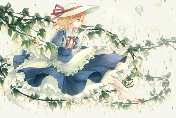 Anime picture 1777x1191 with touhou kana anaberal kieta single highres short hair blonde hair white background yellow eyes profile barefoot girl dress flower (flowers) hat leaf (leaves) apron blue dress