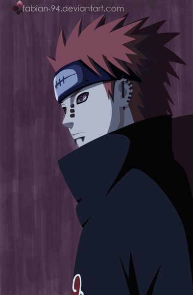 Anime picture 1500x2282 with naruto studio pierrot naruto (series) pain (naruto) deva path fabiansm single tall image short hair brown hair purple eyes looking away inscription piercing coloring dark background akatsuki rinnegan boy cloak