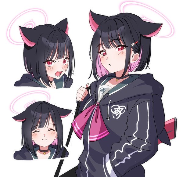 Anime picture 3022x2922 with blue archive kazusa (blue archive) bazz000033 looking at viewer blush highres short hair open mouth black hair simple background red eyes white background animal ears absurdres upper body eyes closed :d multicolored hair multiview colored inner hair