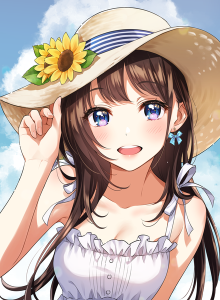 Anime picture 1095x1494 with original morikura en single long hair tall image looking at viewer blush fringe breasts open mouth blue eyes smile brown hair standing bare shoulders payot sky cleavage cloud (clouds) upper body