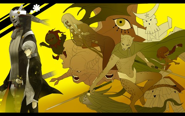 Anime picture 1600x1000 with persona 4 persona seta souji decarabia ose black frost legion (megami tensei) loki (megami tensei) obariyon shiki-ouji (megami tensei) yomotsu shikome (megami tensei) shirano (artist) short hair wide image grey hair group yellow background everyone navel weapon