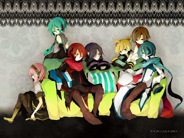 Anime picture 1024x768 with vocaloid hatsune miku megurine luka kagamine len kaito (vocaloid) girl