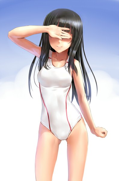 Anime picture 595x900 with original katahira masashi single long hair tall image breasts light erotic sky cloud (clouds) girl swimsuit one-piece swimsuit