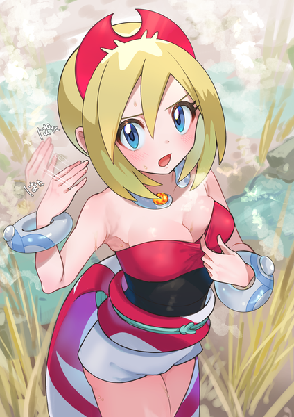 Anime picture 1500x2121 with pokemon pokemon (game) pokemon legends: arceus nintendo irida (pokemon) aibon single tall image looking at viewer blush short hair breasts open mouth blue eyes light erotic blonde hair cleavage from above sweat heat