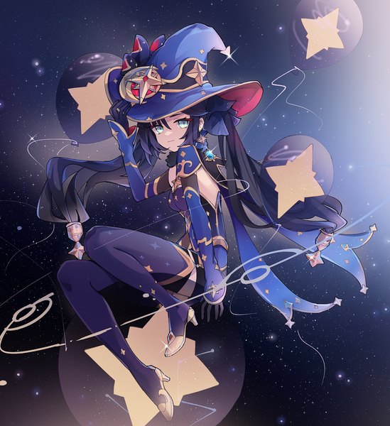 Anime picture 1392x1520 with genshin impact mona megistus emmikn single long hair tall image looking at viewer blue eyes black hair twintails signed full body high heels twitter username adjusting hat girl gloves hat detached sleeves black gloves