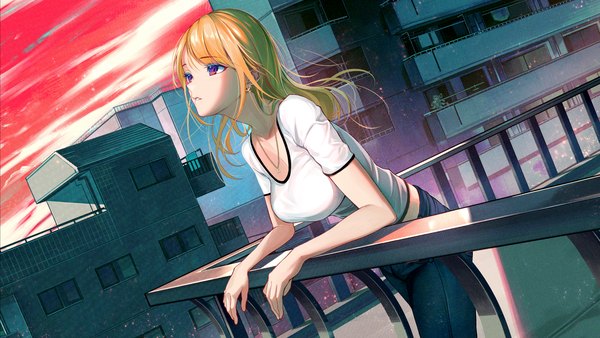 Anime picture 1920x1080 with original kainown single long hair blush fringe highres breasts blonde hair wide image standing purple eyes sky cloud (clouds) outdoors parted lips short sleeves leaning leaning forward city