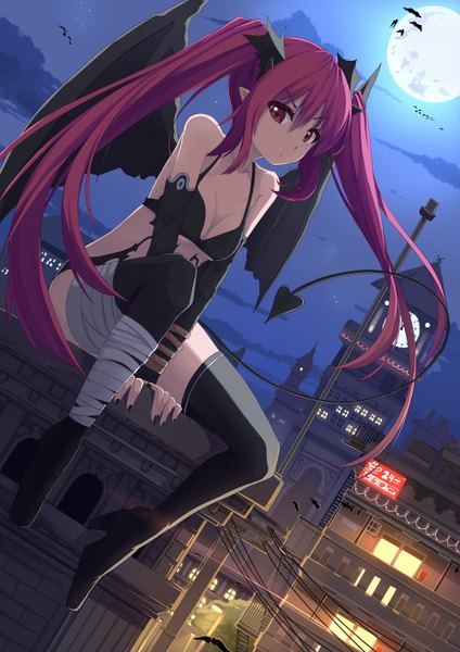 Anime picture 1000x1414 with original riki-to single long hair tall image light erotic twintails pink hair cloud (clouds) tail nail polish pink eyes night night sky demon girl demon tail bat wings succubus girl thighhighs