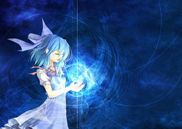 Anime picture 1600x1133 with touhou cirno tomokatsu (artist) short hair blue hair eyes closed blue background girl ribbon (ribbons) bow hair bow