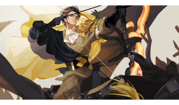 Anime picture 1700x1001 with fire emblem fire emblem: three houses nintendo claude von riegan en (enxxx) single fringe short hair hair between eyes brown hair wide image holding green eyes looking away parted lips letterboxed boy gloves weapon black gloves