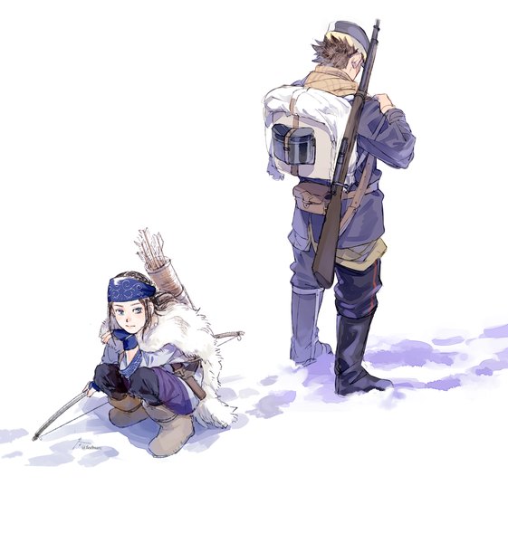 Anime-Bild 1870x2000 mit golden kamuy asirpa sugimoto saichi zifletts long hair tall image highres short hair blue eyes black hair simple background standing white background traditional clothes from above from behind snow squat footprints ainu clothes