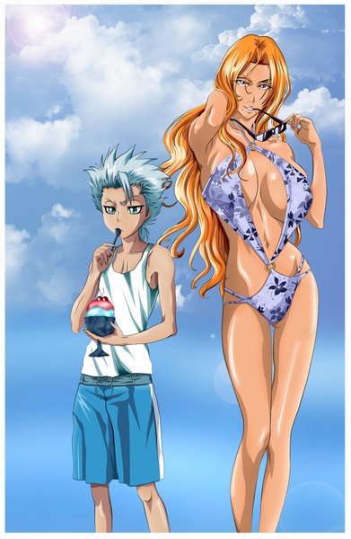 Anime picture 1342x2058 with bleach studio pierrot hitsugaya toushirou matsumoto rangiku tall image breasts light erotic large breasts girl boy swimsuit shaved ice