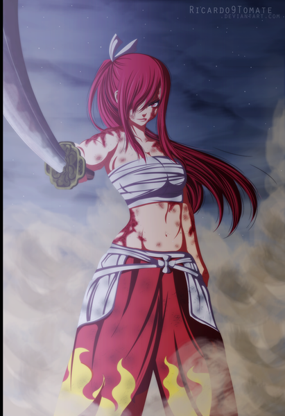 Anime picture 2000x2918 with fairy tail erza scarlet ric9duran single long hair tall image fringe highres light erotic red eyes cloud (clouds) ponytail red hair hair over one eye midriff night sky coloring smoke girl navel