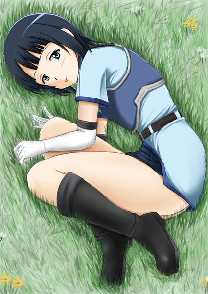 Anime picture 800x1130 with sword art online a-1 pictures sachi (sao) fuuma nagi single tall image looking at viewer blush short hair blue eyes black hair girl gloves plant (plants) elbow gloves boots armor grass