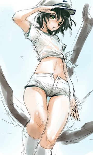 Anime picture 720x1200 with touhou murasa minamitsu hi-yo single tall image looking at viewer blush short hair light erotic black hair simple background green eyes bare belly from below blue background salute open shorts girl navel socks