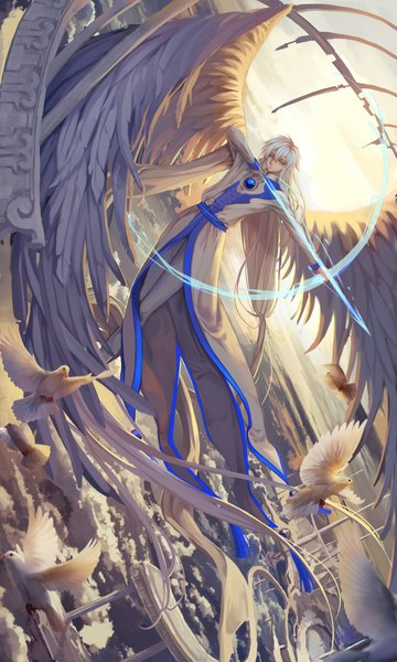 Anime picture 1200x2000 with card captor sakura clamp yue (cardcaptor sakura) qinshou ana_bi tall image fringe blue eyes looking away sky cloud (clouds) white hair very long hair aqua eyes wind sunlight outstretched arm angel wings white wings knees touching