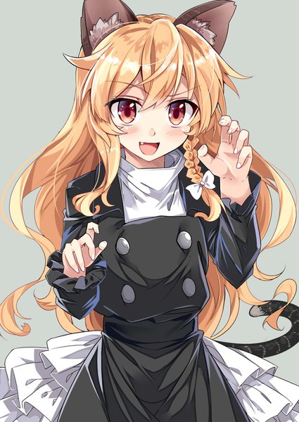 Anime picture 1000x1412 with touhou kirisame marisa e.o. single long hair tall image blush fringe open mouth simple background blonde hair hair between eyes red eyes animal ears looking away tail braid (braids) animal tail cat ears grey background