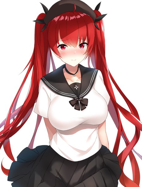 Anime-Bild 1071x1410 mit azur lane honolulu (azur lane) honolulu (umbrella girl) (azur lane) cocona (coconacafe) single tall image blush fringe breasts simple background hair between eyes red eyes large breasts standing white background twintails ahoge red hair very long hair pleated skirt