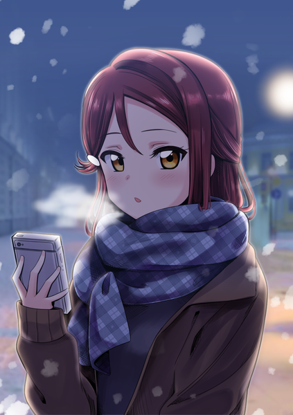 Anime picture 1000x1419 with love live! sunshine!! sunrise (studio) love live! sakurauchi riko deadnooodles single long hair tall image looking at viewer fringe hair between eyes yellow eyes upper body outdoors red hair :o snowing winter exhalation girl