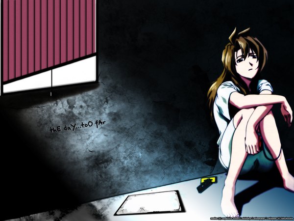 Anime picture 1600x1200 with madlax madlax (character) fukushuusha single long hair brown hair sitting signed bent knee (knees) barefoot inscription wallpaper copyright name third-party edit against wall girl window curtains wall digital media player