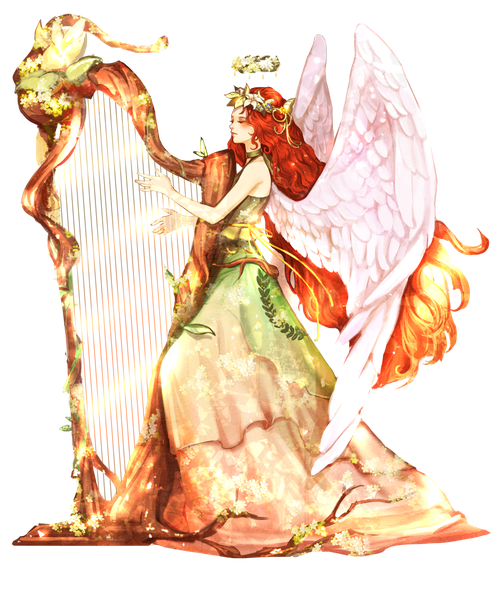 Anime picture 1000x1200 with original ruck single tall image blush standing bare shoulders brown eyes looking away full body very long hair profile orange hair floating hair transparent background angel wings playing instrument girl dress wings