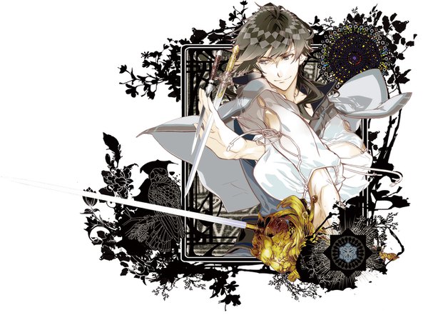 イラスト 1366x1020 と haitaka no psychedelica lavan (haitaka no psychedelica) yuiga satoru ソロ 前髪 青い目 黒髪 simple background 笑顔 白背景 looking away crossed arms pale skin triple wielding 男性 武器 剣 epee