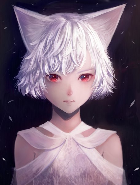 Anime picture 760x1000 with original bounin single tall image looking at viewer fringe short hair simple background red eyes animal ears white hair lips portrait albino girl
