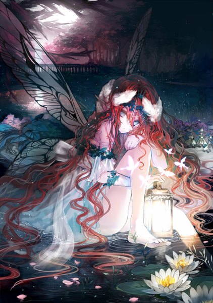 Anime picture 1322x1880 with original ukai saki single long hair tall image smile red hair barefoot aqua eyes pointy ears elf river nature insect wings waterfall butterfly wings girl dress flower (flowers) plant (plants)