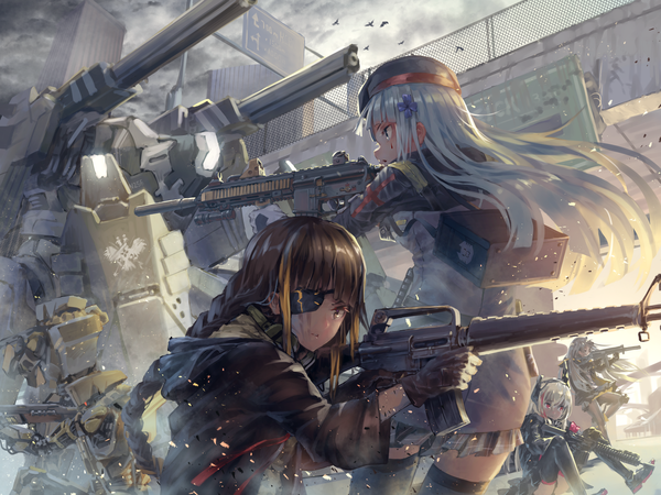 Anime picture 6000x4500 with girls frontline hk416 (girls frontline) ump45 (girls frontline) m4 sopmod ii (girls frontline) m16a1 (girls frontline) aamond long hair fringe highres open mouth hair between eyes brown hair multiple girls holding looking away absurdres sky silver hair cloud (clouds) bent knee (knees)