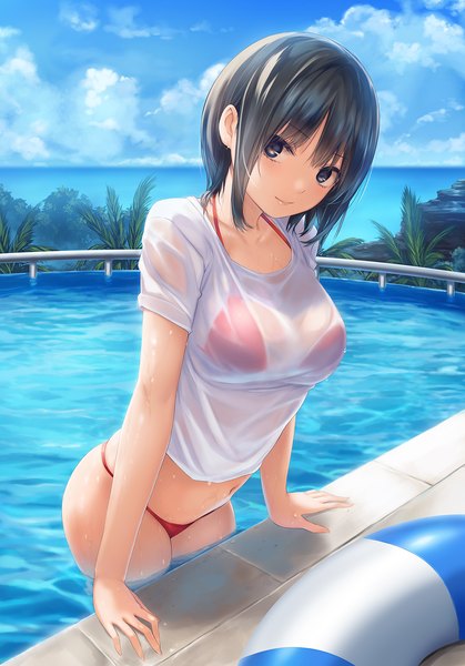 Anime picture 1256x1800 with original aoyama sumika coffee-kizoku single tall image looking at viewer blush fringe short hair light erotic black hair smile sky cloud (clouds) outdoors blunt bangs short sleeves wet partially submerged horizon