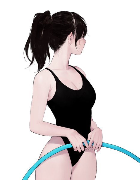 Anime picture 1400x1800 with original dongho kang single long hair tall image breasts light erotic black hair simple background standing white background bare shoulders holding payot looking away cleavage ponytail profile thighs girl