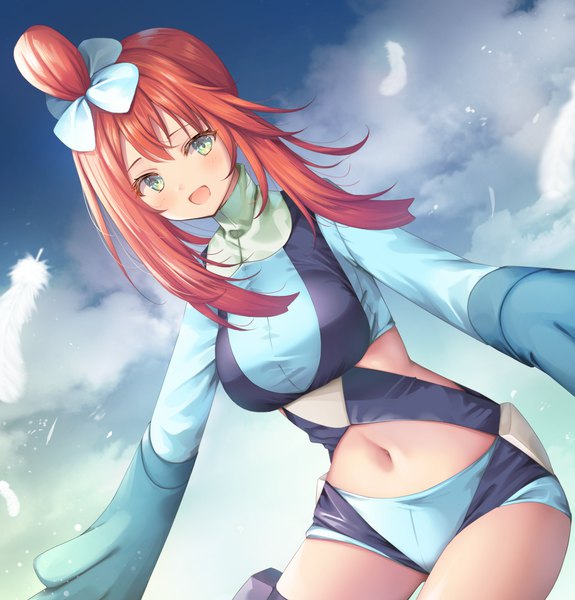 Anime picture 951x992 with pokemon pokemon black and white nintendo skyla (pokemon) murano single long hair tall image looking at viewer open mouth green eyes sky cloud (clouds) outdoors red hair :d bare belly hair bun (hair buns) spread arms girl