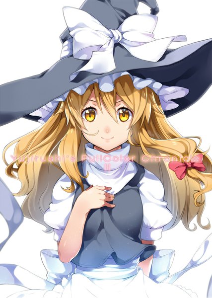 Anime picture 759x1067 with touhou kirisame marisa yuuzii single long hair tall image looking at viewer simple background blonde hair smile white background yellow eyes text english girl bow hair bow hat witch hat
