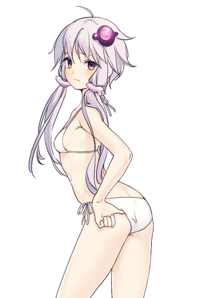 Anime picture 567x855 with vocaloid yuzuki yukari haruwakame single tall image looking at viewer blush fringe light erotic simple background standing white background purple eyes twintails bare shoulders purple hair looking back from behind bare legs bare belly
