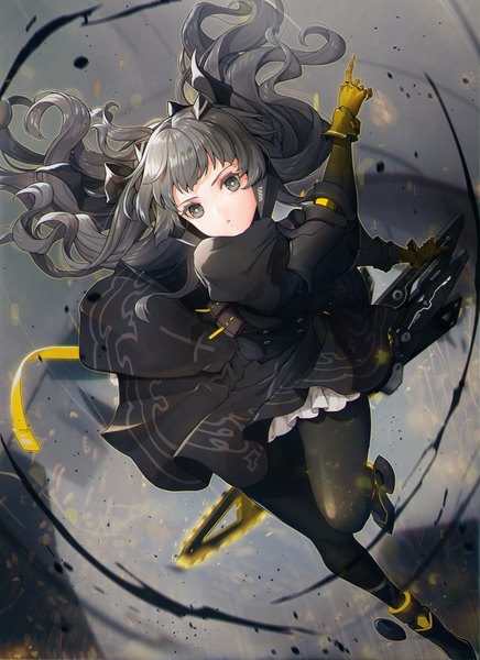 Anime picture 1200x1653 with punishing: gray raven nanami (punishing grey raven) y.i. (lave2217) single long hair tall image looking at viewer fringe holding payot bent knee (knees) arm up grey hair from below grey eyes two side up puffy sleeves wavy hair frilled dress girl