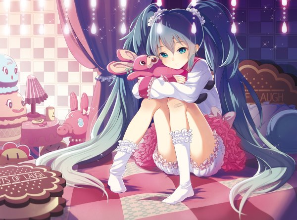 Anime picture 1200x891 with vocaloid lol -lots of laugh- (vocaloid) hatsune miku sheep sleep single blush sitting twintails very long hair aqua eyes aqua hair checkered background convenient leg girl socks bed white socks bunny knickers