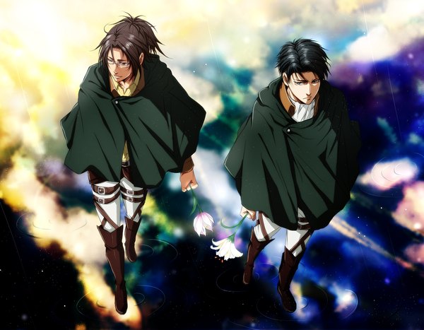 Anime picture 1110x864 with shingeki no kyojin production i.g levi (rivaille) hange zoe dog (pixiv id 91556) black hair brown hair holding brown eyes sky cloud (clouds) grey eyes girl boy flower (flowers) water glasses boots belt star (stars)