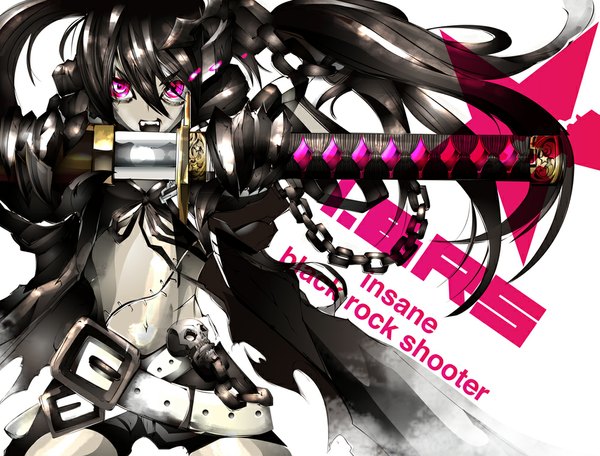 Anime picture 1000x761 with black rock shooter insane black rock shooter single long hair open mouth black hair twintails pink eyes text scar girl weapon sword shorts belt katana chain skull
