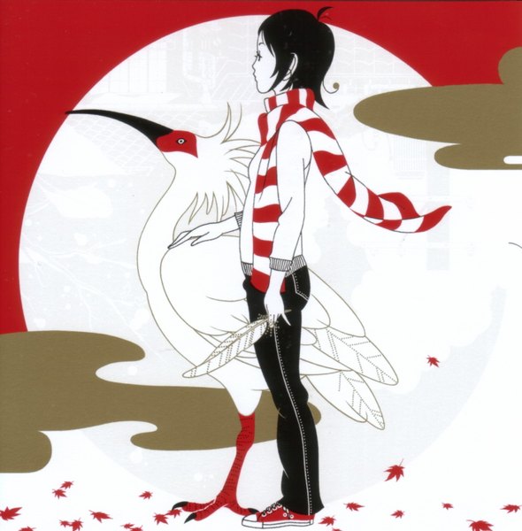 Anime picture 1400x1424 with nakamura yusuke single tall image short hair black hair standing profile wind scan striped girl animal scarf bird (birds) feather (feathers) sneakers autumn leaves