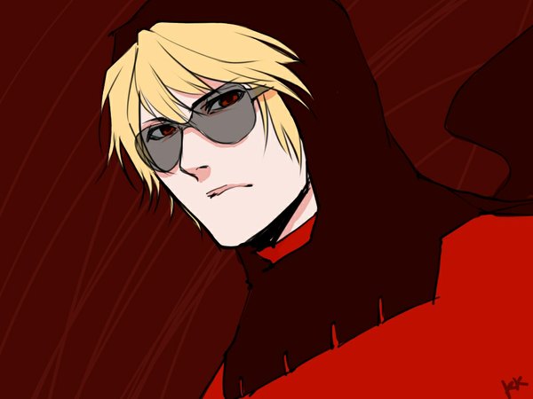 Anime picture 1024x768 with homestuck dave strider kidkyan single short hair blonde hair signed red background boy glasses hood sunglasses