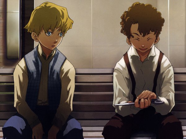Anime picture 1600x1200 with baccano! tick jefferson tock jefferson enami katsumi open mouth blue eyes blonde hair brown hair eyes closed scan multiple boys laughing boy shirt 2 boys vest suspenders bench scissors