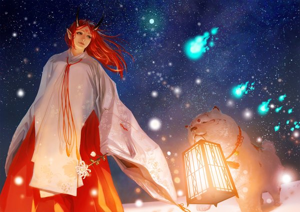Anime picture 1800x1273 with original teru sakura single long hair highres yellow eyes red hair traditional clothes japanese clothes pointy ears night from below night sky glowing snow miko forehead mark oni girl flower (flowers)