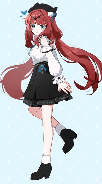 Anime picture 1072x1923 with genshin impact nilou (genshin impact) utori (tanakautori) single long hair tall image looking at viewer blush fringe blue eyes simple background standing twintails full body red hair blunt bangs light smile high heels alternate costume low twintails