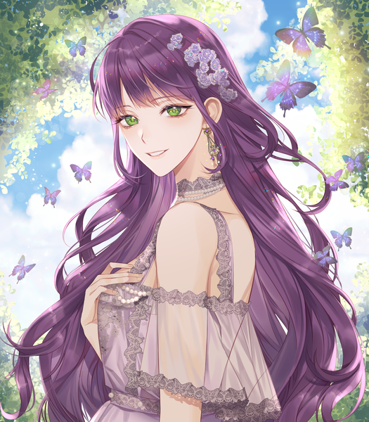 Anime picture 1400x1600 with original uuhui single long hair tall image looking at viewer blush fringe smile green eyes sky purple hair cloud (clouds) upper body outdoors blunt bangs parted lips hair flower lens flare hand on chest
